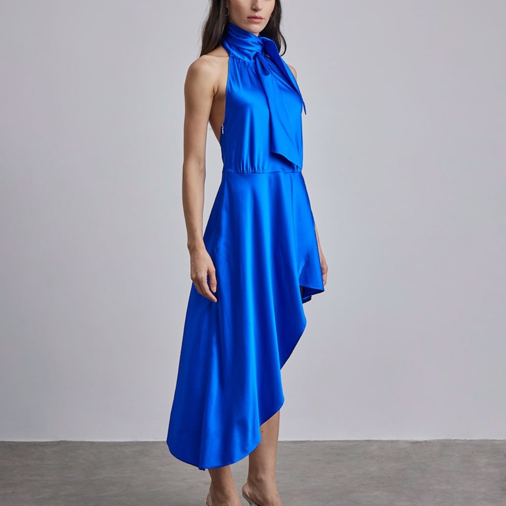 Silk Maison Halter Neck-Tie Hi-Low Silk Midi Dress
